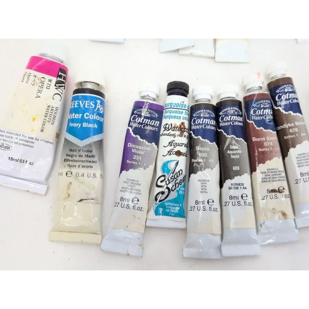 Used Lot of 32 Watercolor Paint  WINSOR NEWTON Grumbacher Cotman Brushes  Used